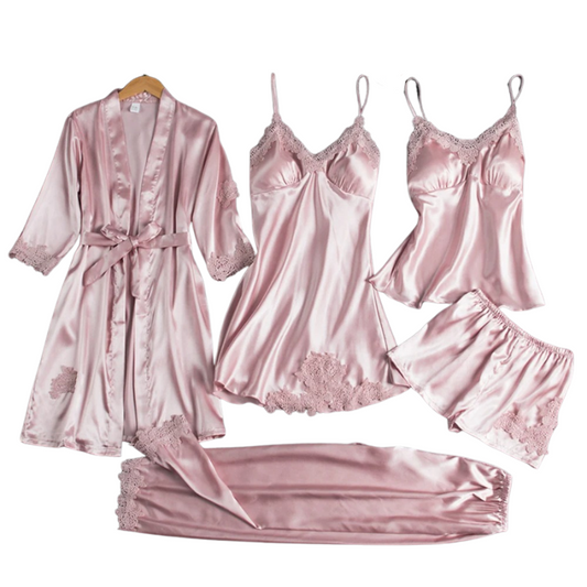 5-Piece Women's Satin Pajama Set with Robe, Camisole, Adjustable-strap Top, Shorts & Long Pants – Luxurious Sleepwear for All Seasons