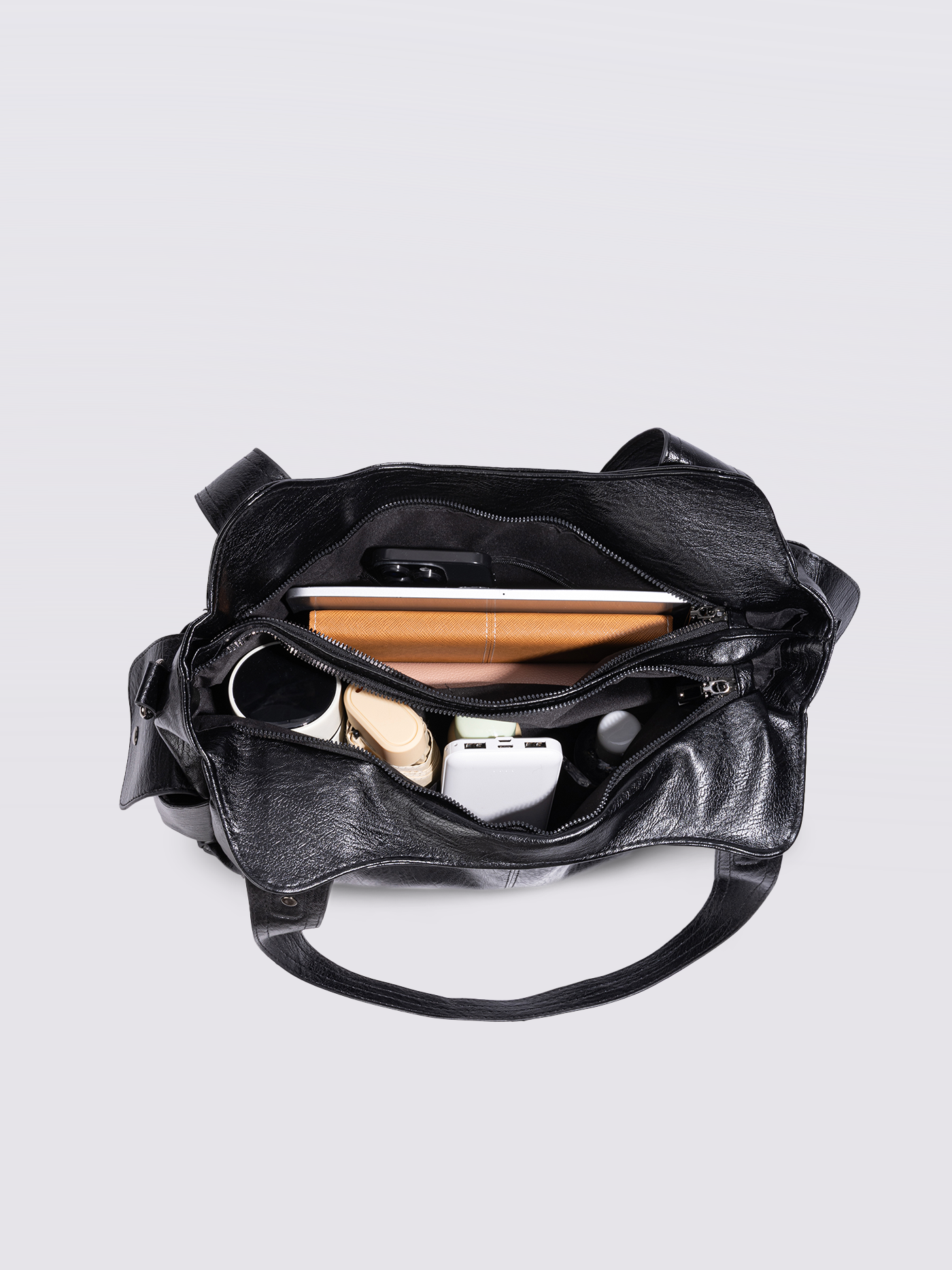 Black Leather Shoulder Bag with Side Pockets – Spacious & Elegant Women’s Leather Handbag
