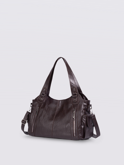 Black Leather Shoulder Bag with Side Pockets – Spacious & Elegant Women’s Leather Handbag