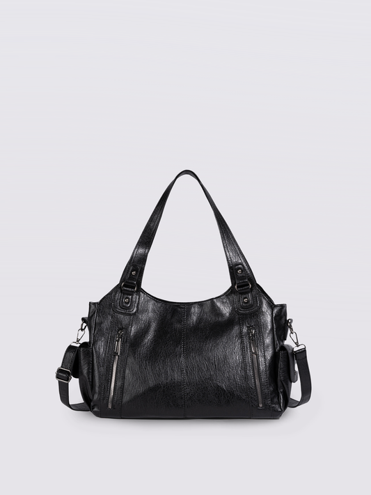 Black Leather Shoulder Bag with Side Pockets – Spacious & Elegant Women’s Leather Handbag