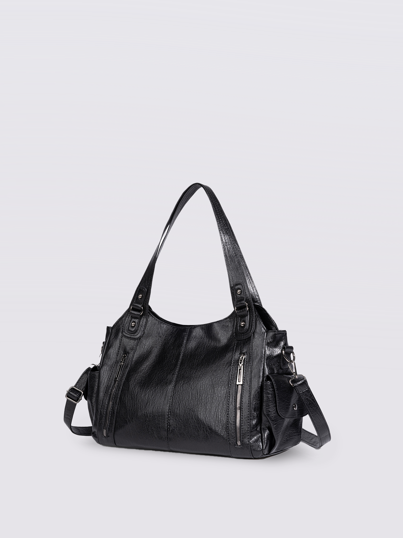 Black Leather Shoulder Bag with Side Pockets – Spacious & Elegant Women’s Leather Handbag