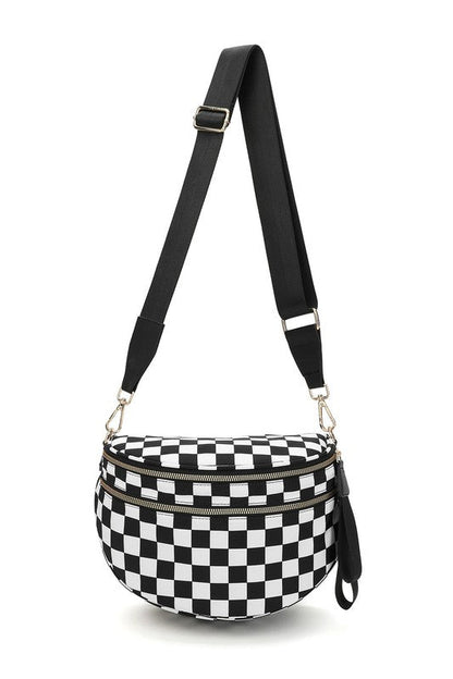 Oversized Plaid Crescent Crossbody Bag – Water-Resistant Nylon, Adjustable Strap, Multi-Pocket Design