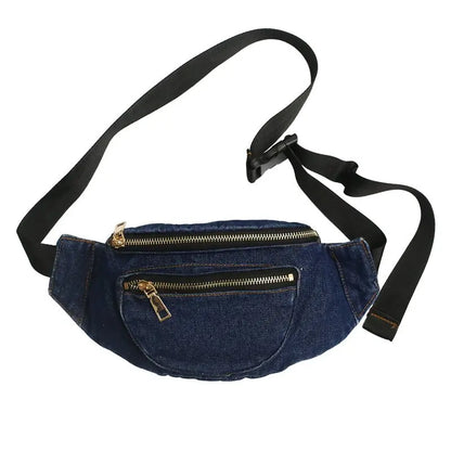 Trendy Denim Waist Bag – Crossbody / Fanny Pack with Multiple Zip Pockets, Casual Festival Hip Bag