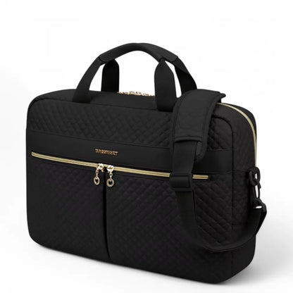 Stylish 17-Inch Black Laptop Bag for Women – Quilted, Water-Resistant, with Gold Accents & USB Port