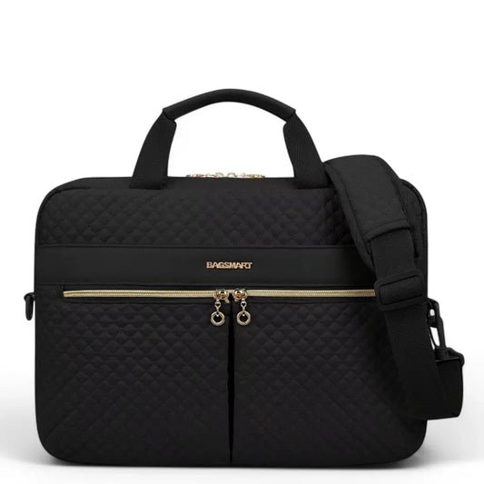 Stylish 17-Inch Black Laptop Bag for Women – Quilted, Water-Resistant, with Gold Accents & USB Port