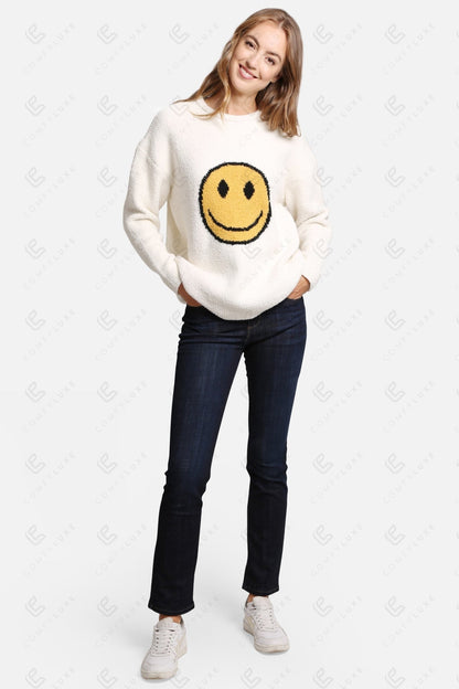 Happy Face Lounge Sweater – Ultra-Soft Microfiber Smiley Print Sweatshirt for Women