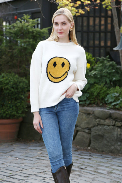 Happy Face Lounge Sweater – Ultra-Soft Microfiber Smiley Print Sweatshirt for Women