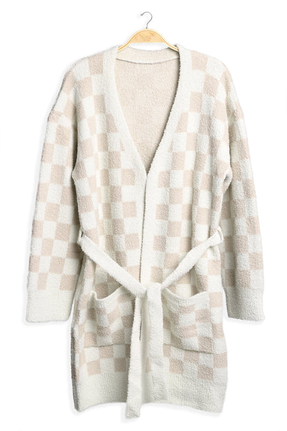Soft Microfiber Plaid Bathrobe for Women – Cozy Lounge Robe with Pockets & Detachable Belt – Available in Beige, Fuchsia, Grey, Pink, Sage Green