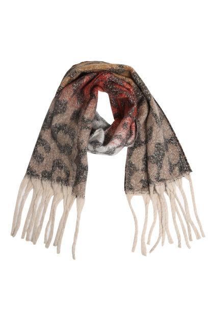 Leopard Print Scarf with Ombre Gradient & Fringed Tassels – Oversized Acrylic Shawl for Women