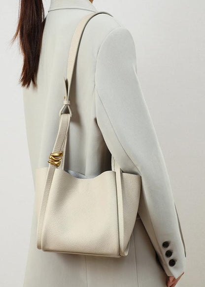Genuine Leather Bucket Tote Bag for Women – Spacious Modern Handbag with Removable Inner Pouch & Gold Accents