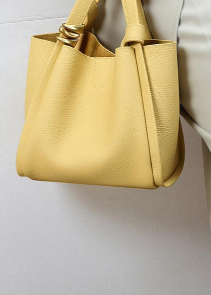 Genuine Leather Bucket Tote Bag for Women – Spacious Modern Handbag with Removable Inner Pouch & Gold Accents
