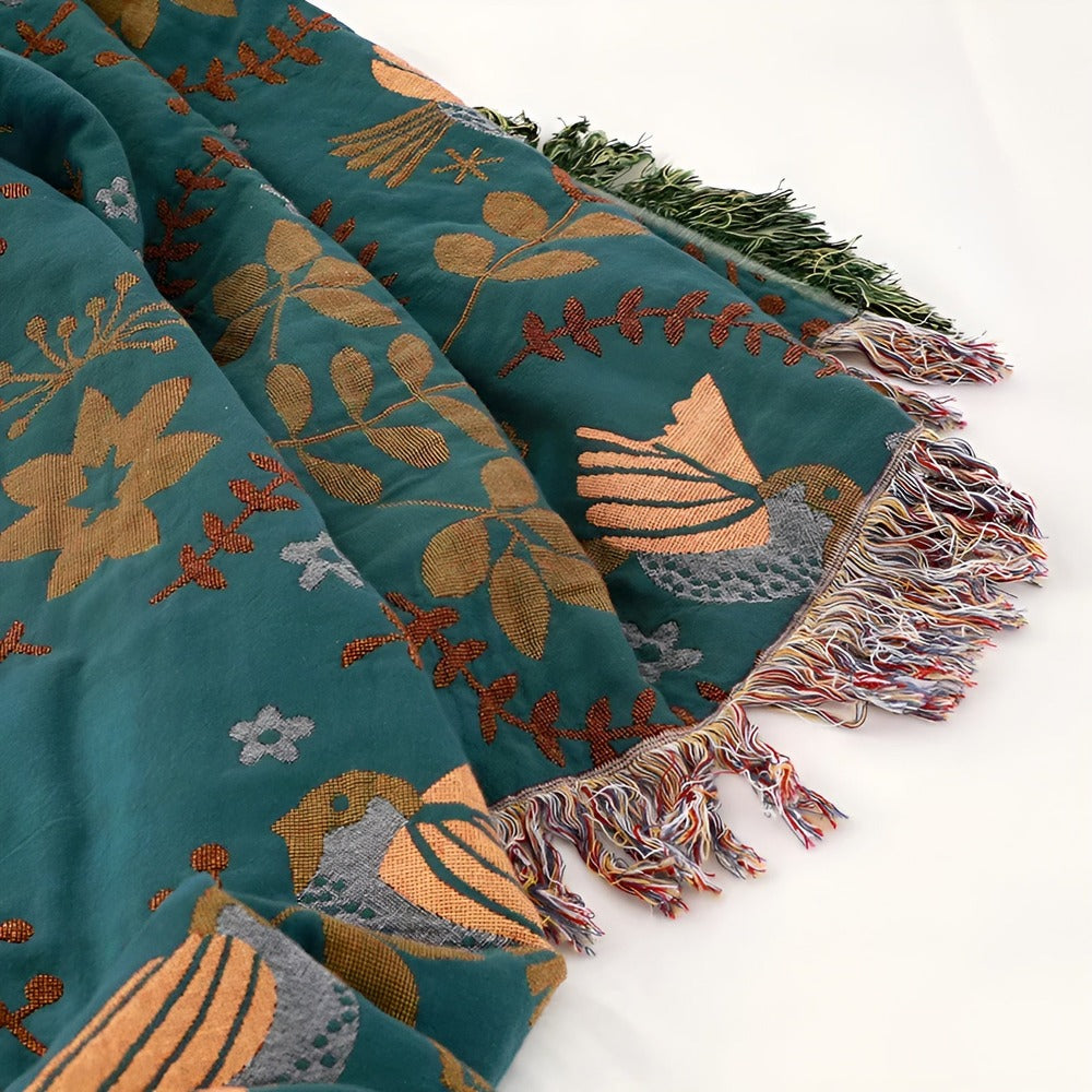 Reversible Boho Cotton Throw Blanket – Embroidered Birds & Floral Design – Soft & Breathable Bedspread
