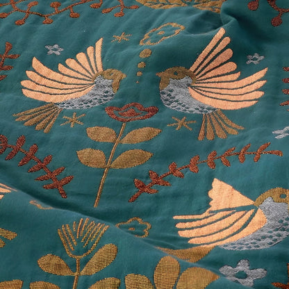 Reversible Boho Cotton Throw Blanket – Embroidered Birds & Floral Design – Soft & Breathable Bedspread