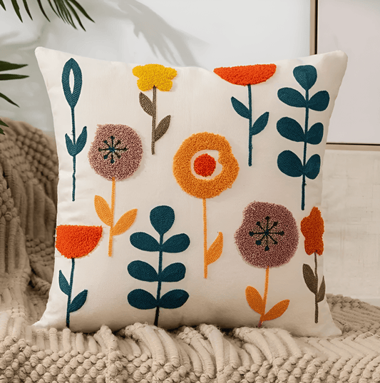 Handmade Floral Embroidered Cotton Cushion Cover – 18 × 18 inches Decorative Pillow for Living Room, Bedroom & Sofa