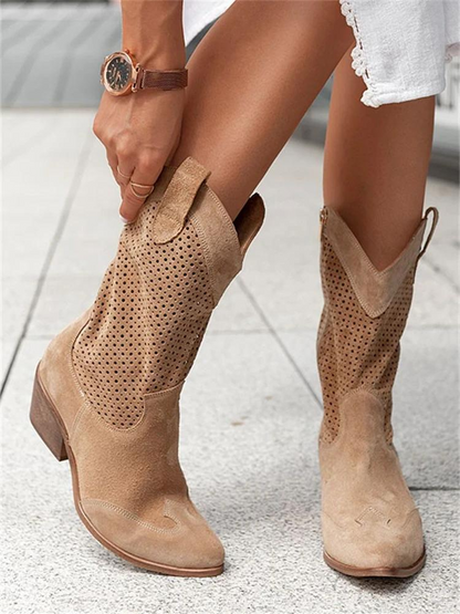 Josiane Women's White Cowboy Boots – Trendy Western Block Heels with Perforated Design