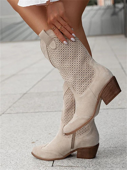 Josiane Women's White Cowboy Boots – Trendy Western Block Heels with Perforated Design