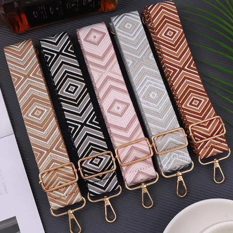 Adjustable Black & White Geometric Bag Strap – Stylish Replacement Purse Strap with Metal Clasps