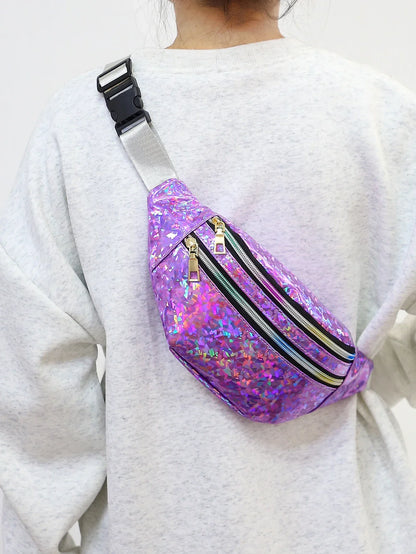 Holographic Fanny Pack & Crossbody – Iridescent Festival Waist Bag with Zipper Closure – Adjustable Belt for Concerts & Street Style