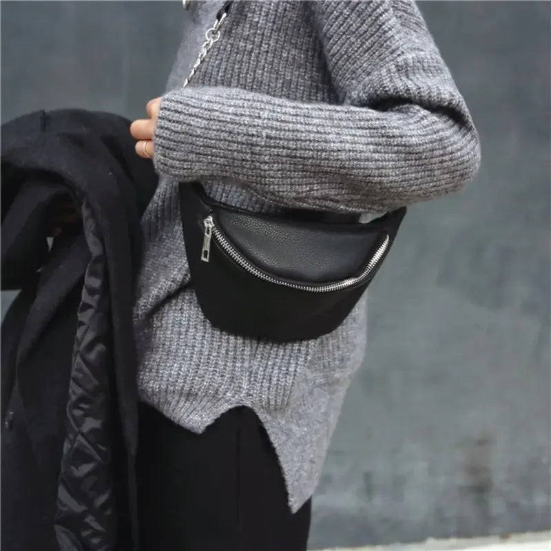 Black Crossbody Belt Bag with Subtle Chain Detail – Minimalist Faux Leather Waist Purse