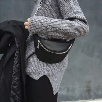 Black Crossbody Belt Bag with Subtle Chain Detail – Minimalist Faux Leather Waist Purse