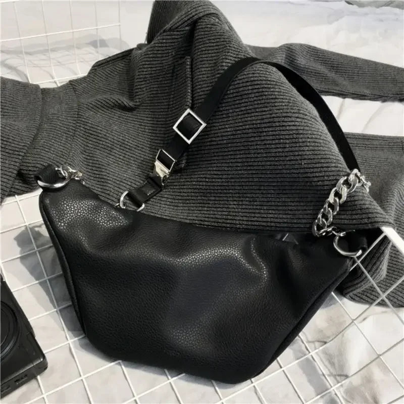 Black Crossbody Belt Bag with Subtle Chain Detail – Minimalist Faux Leather Waist Purse