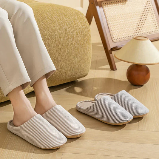 Unisex Striped Indoor Slippers – Cozy Winter House Shoes with Non-Slip Sole