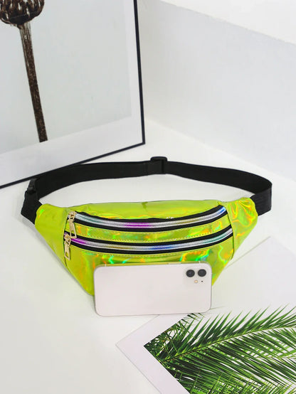 Holographic Fanny Pack – Reflective Festival Crossbody Bag with Zipper – Adjustable Waist & Shoulder Strap – Trendy Neon Silver & Purple Design