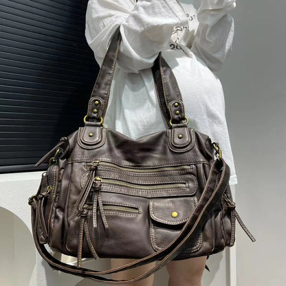Luxe Brown Leather Shoulder Bag for Women – Spacious Handbag with Multiple Zip Compartments