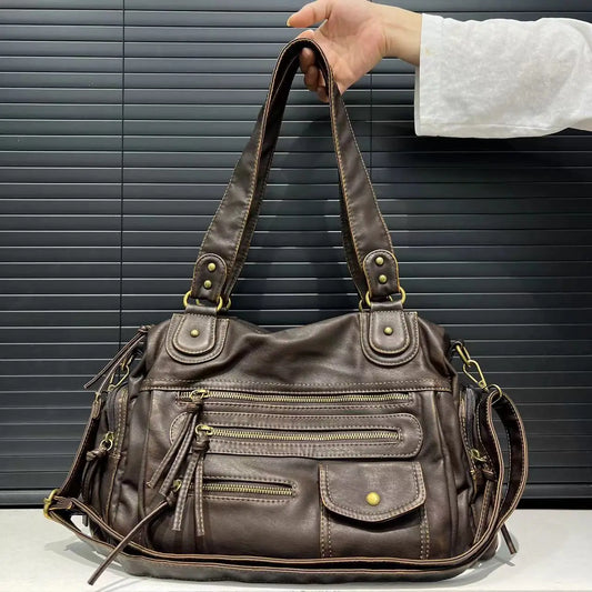 Luxe Brown Leather Shoulder Bag for Women – Spacious Handbag with Multiple Zip Compartments