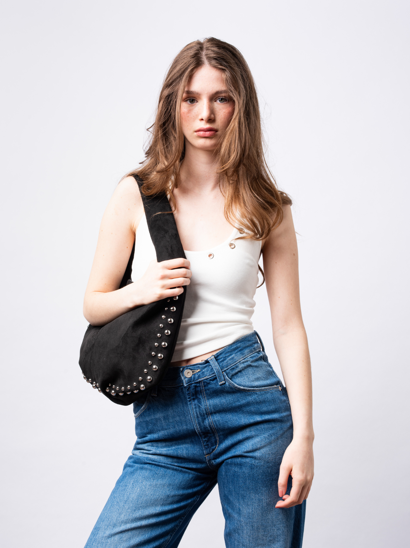 Black Vegan Leather Shoulder Bag with Studs – Bold & Stylish