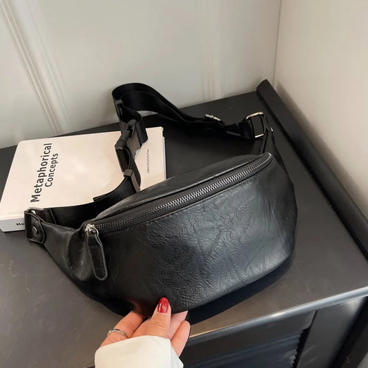 Black Leather Fanny Pack – Minimalist Belt Bag with Zipper – Versatile Crossbody & Waist Bag for Daily Use