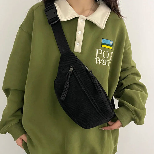 Minimalist Black Corduroy Crossbody Bag – Durable, Adjustable, Lightweight