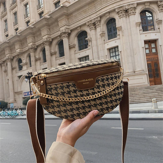 Brown & Beige Houndstooth Fanny Pack Belt Bag – Women’s Crossbody Waist Bag