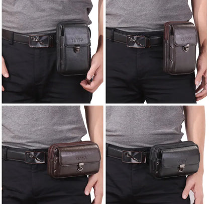 Men’s Premium Leather Waist Bag – Compact Belt Bag with Multiple Zippered Pockets for Everyday Use