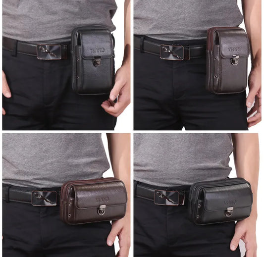 Men’s Premium Leather Waist Bag – Compact Belt Bag with Multiple Zippered Pockets for Everyday Use