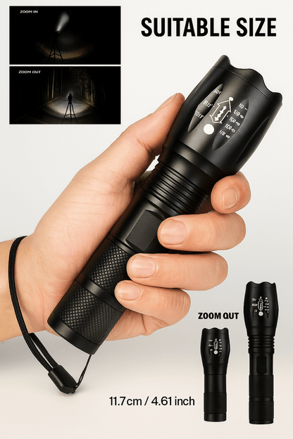 Tactical LED Flashlight – 1000 Lumens, Zoomable, Waterproof, 5 Modes, Compact Design