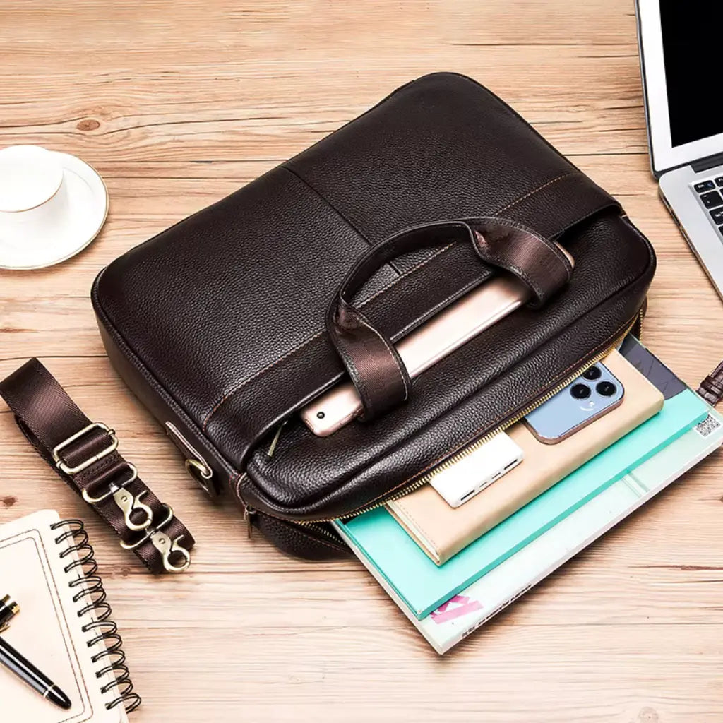 Dark Brown Leather Laptop Bag – Genuine Leather Briefcase for Work & Travel