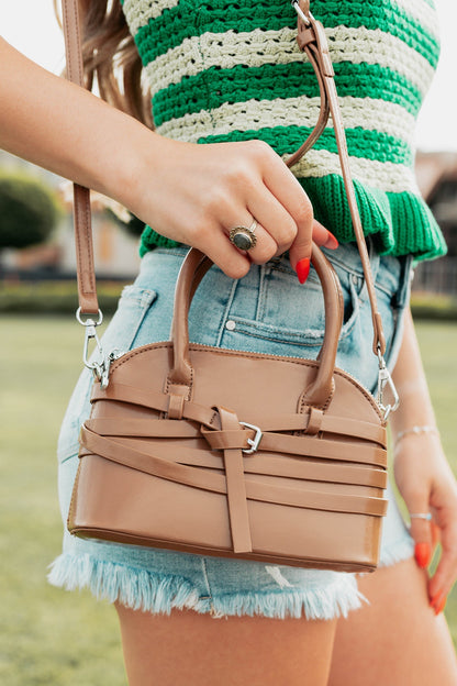 Brown Glossy Vegan Leather Handbag – Women’s Shoulder & Crossbody Bag with Layered Strap Detail