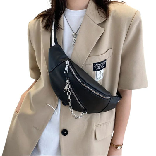 Minimalist Unisex Crossbody Belt Bag with Zipper Closure & Chain Detail – Versatile Faux Leather Waist and Shoulder Bag