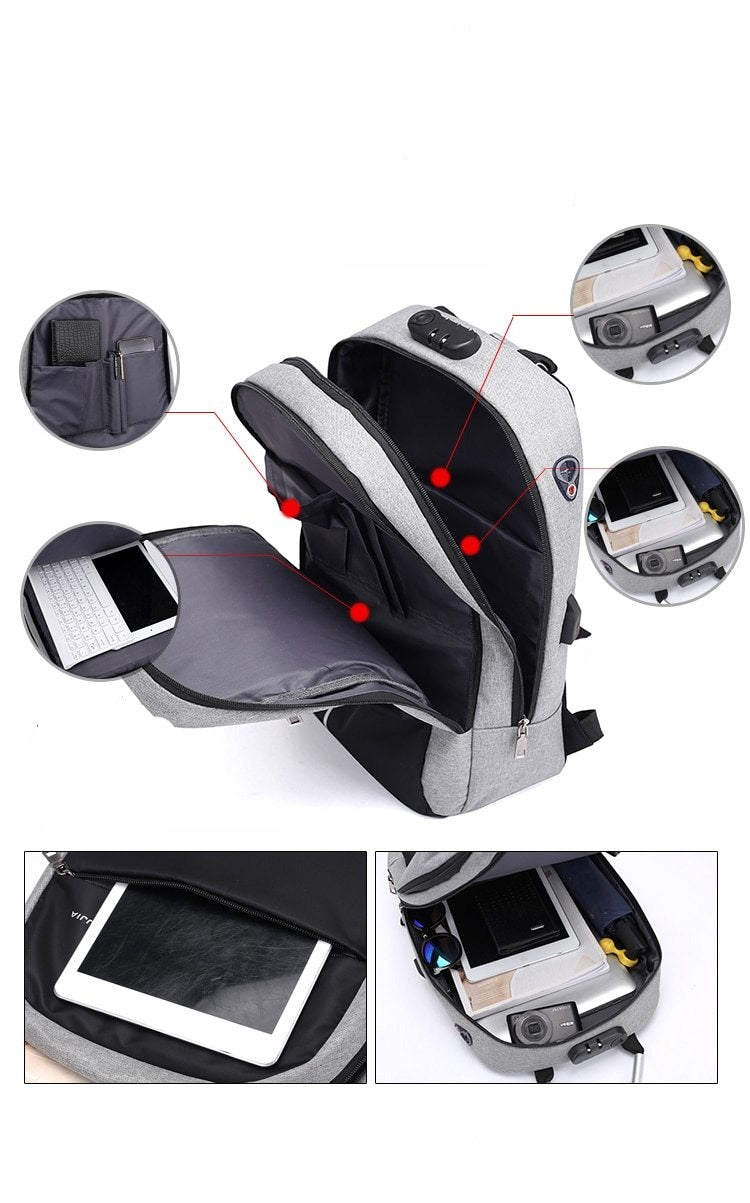 Waterproof Anti-Theft Laptop Backpack 15.6" – USB Charging Port – Grey/Black Business & Travel Bag
