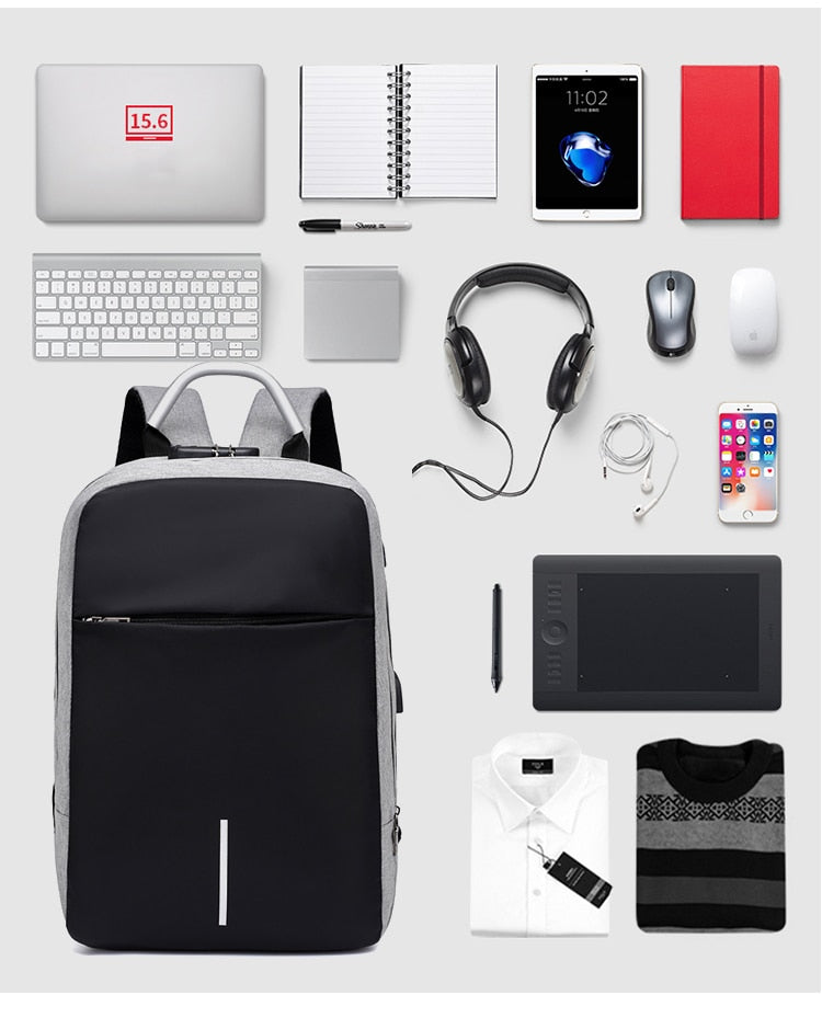 Waterproof Anti-Theft Laptop Backpack 15.6" – USB Charging Port – Grey/Black Business & Travel Bag